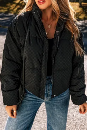 Checkered Zip Up Puffer Coat