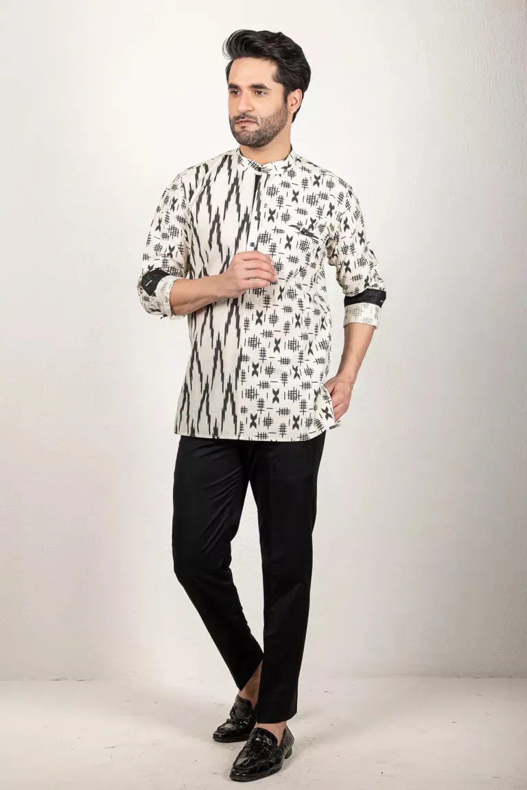 Cream And Black Printed Short Kurta