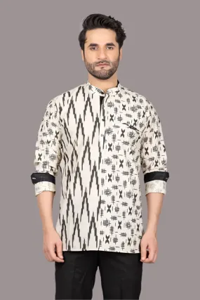 Cream And Black Printed Short Kurta