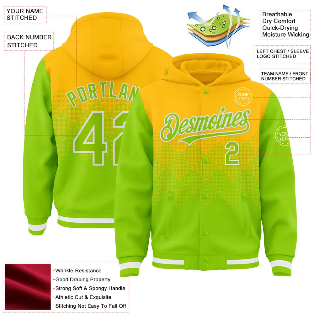 Custom Gold Neon Green-White Gradient Square Shape 3D Pattern Design Bomber Full-Snap Varsity Letterman Hoodie Jacket