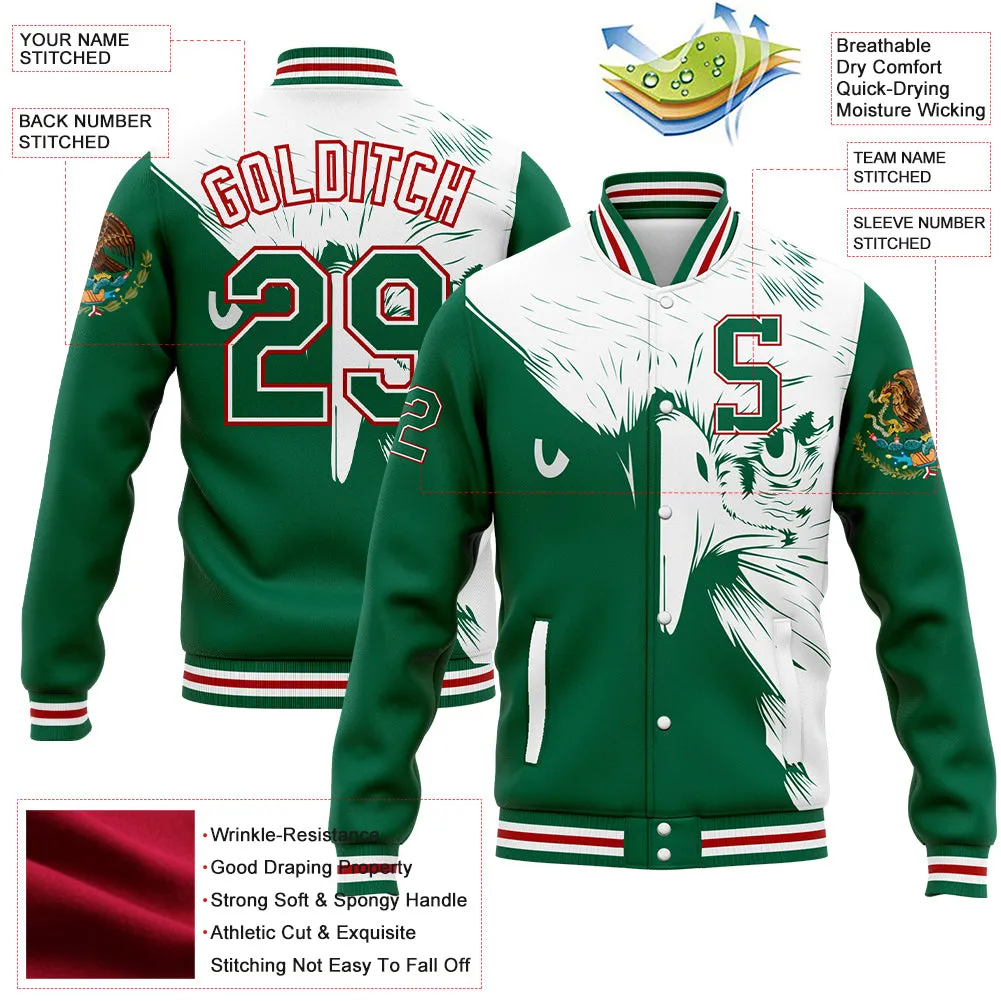 Custom Kelly Green White-Red Eagle Mexico 3D Bomber Full-Snap Varsity Letterman Jacket