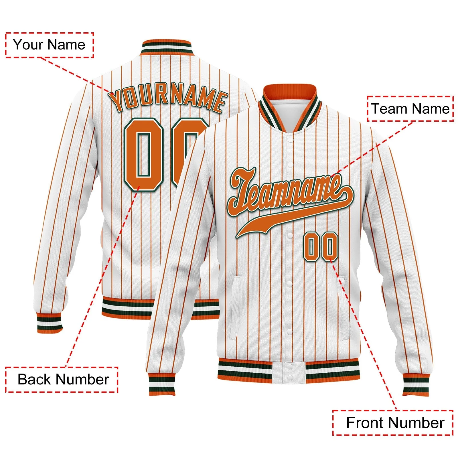 Custom White Orange Stripe Fashion Jacket Bomber Full-Snap Varsity Letterman Personalized Jacket FZ005-D020219-18