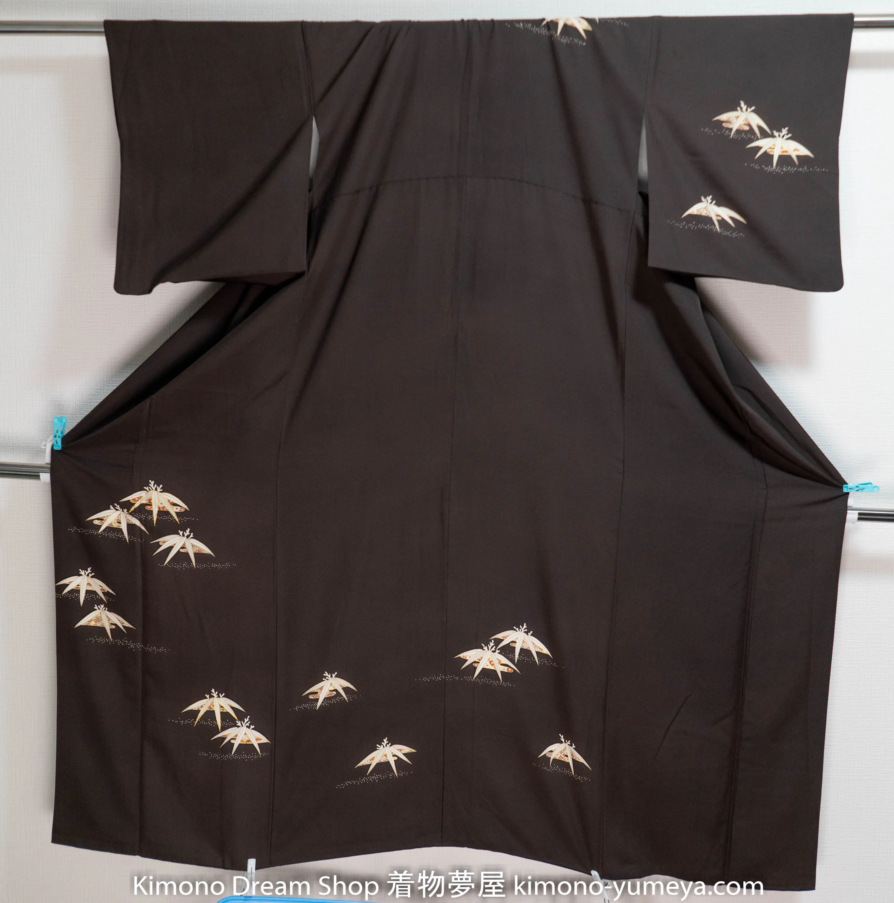 Dark Brown Bamboo Leaves Houmongi - Formal Ladies Kimono - Vintage Japanese Fashion - Golden Accent