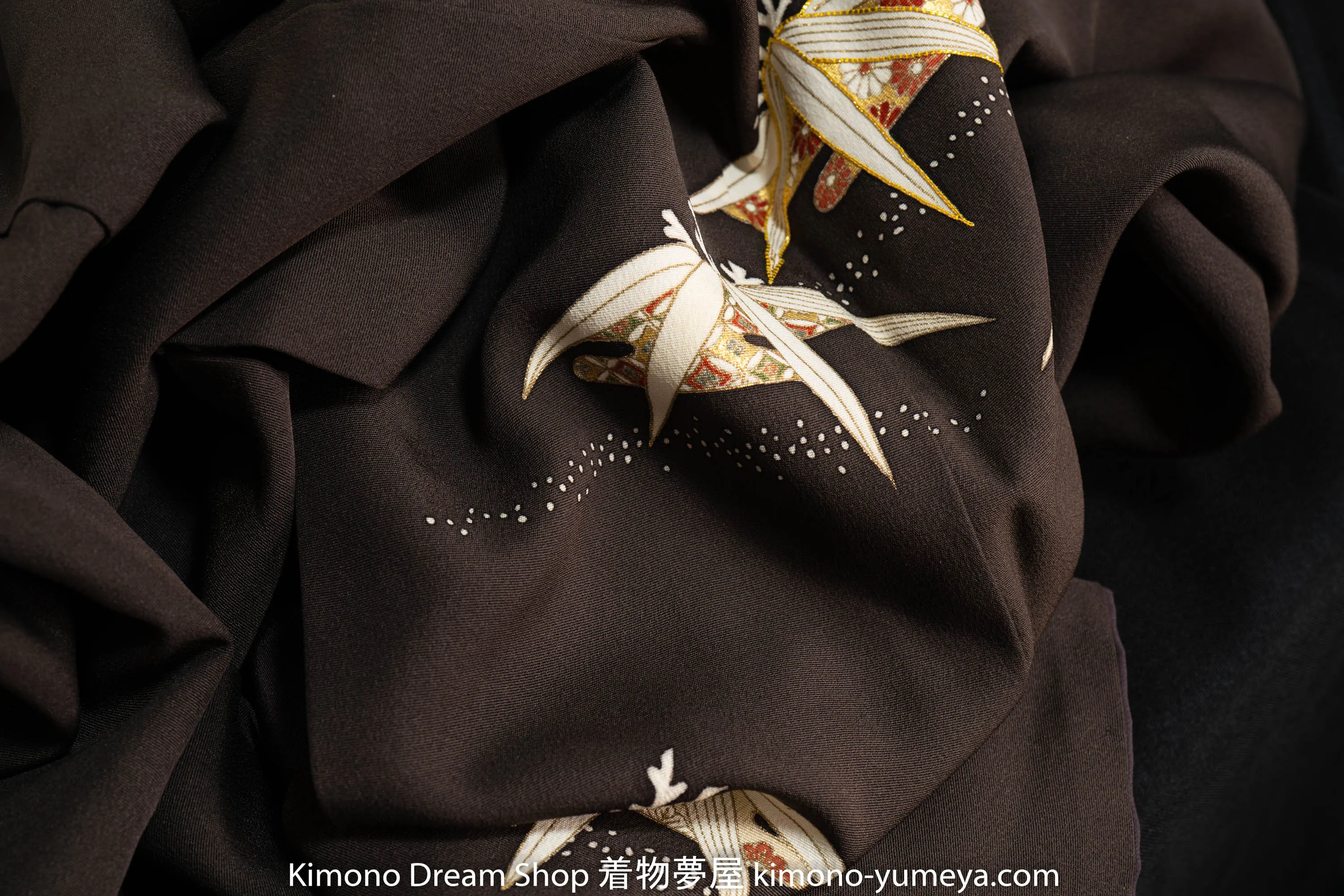 Dark Brown Bamboo Leaves Houmongi - Formal Ladies Kimono - Vintage Japanese Fashion - Golden Accent