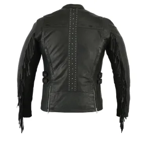 DS880 Women's Stylish Leather Jacket with Fringe and Studs