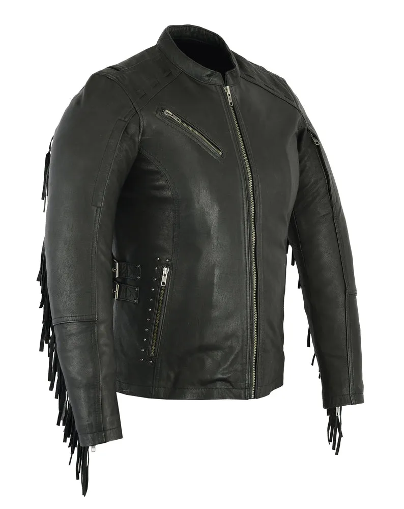 DS880 Women's Stylish Leather Jacket with Fringe and Studs