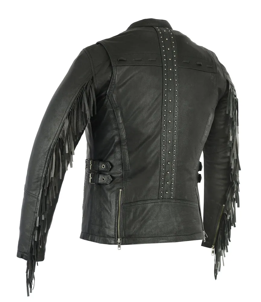 DS880 Women's Stylish Leather Jacket with Fringe and Studs