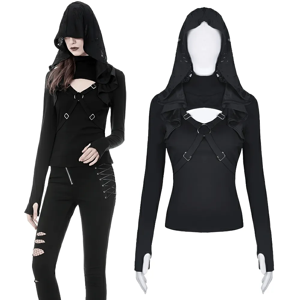 Edgy Black Hoodie with Metal Accents And Shredded Hood