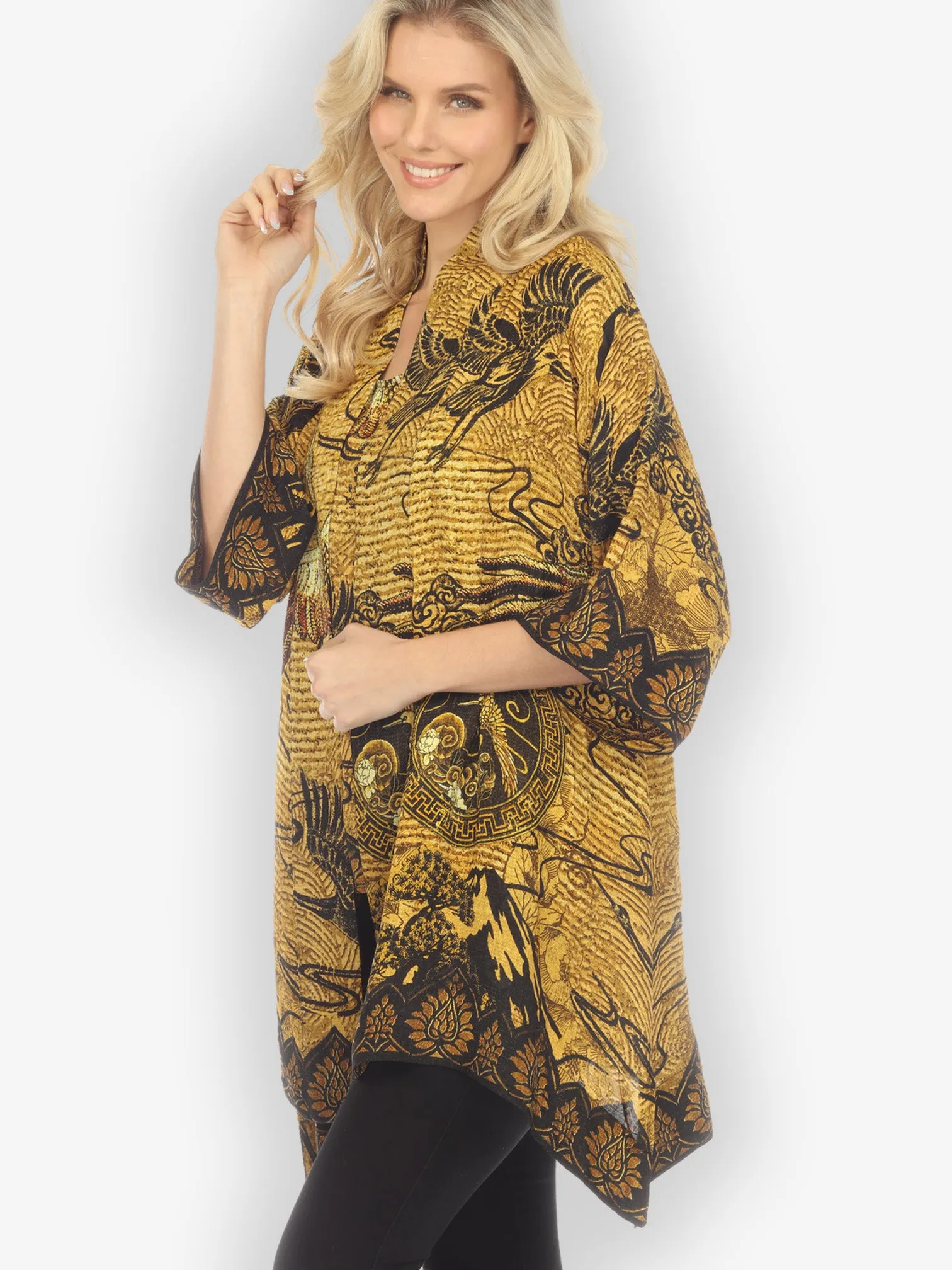 Elegant Crane Design Silk Kimono Jacket