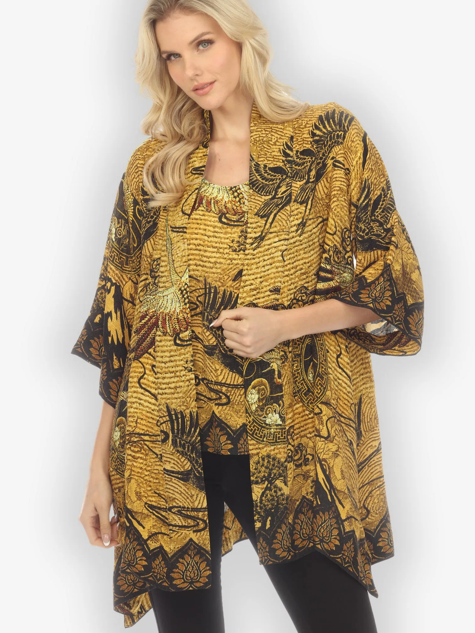 Elegant Crane Design Silk Kimono Jacket