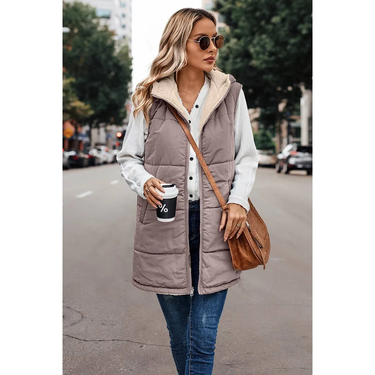 Faux Fur Long Puffer Vest - Mauve