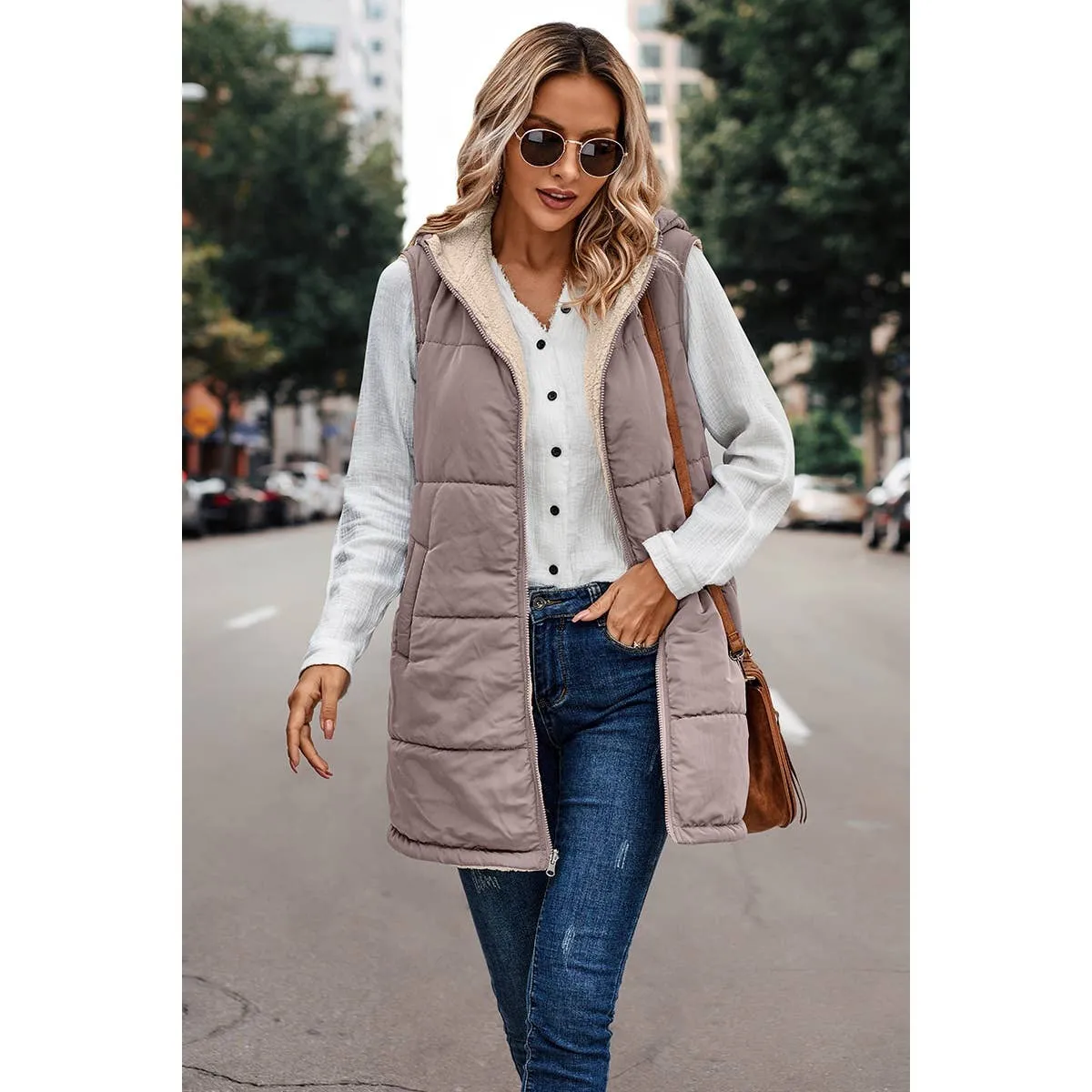 Faux Fur Long Puffer Vest - Mauve