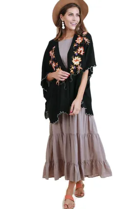 Floral Embroided Scallop Hem Kimono, Black