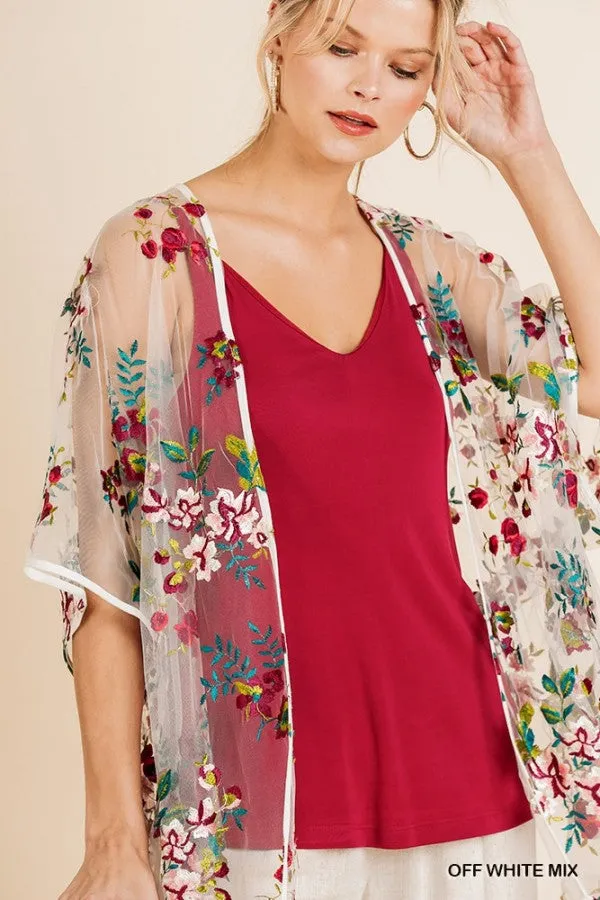 Floral Embroidered Sheer Mesh Kimono, Off White