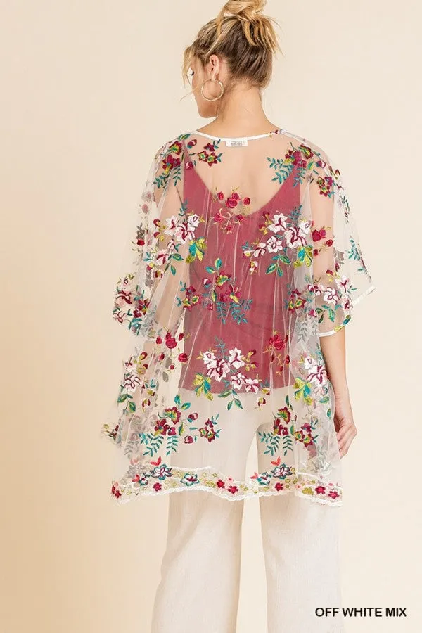 Floral Embroidered Sheer Mesh Kimono, Off White