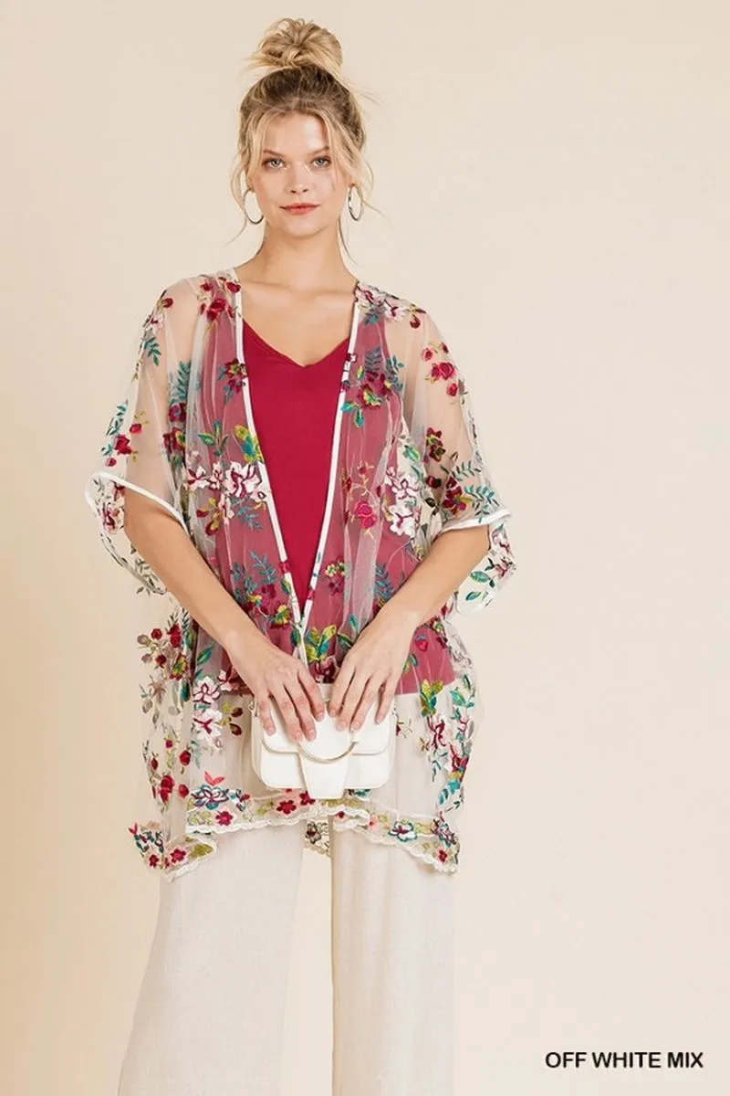 Floral Embroidered Sheer Mesh Kimono, Off White