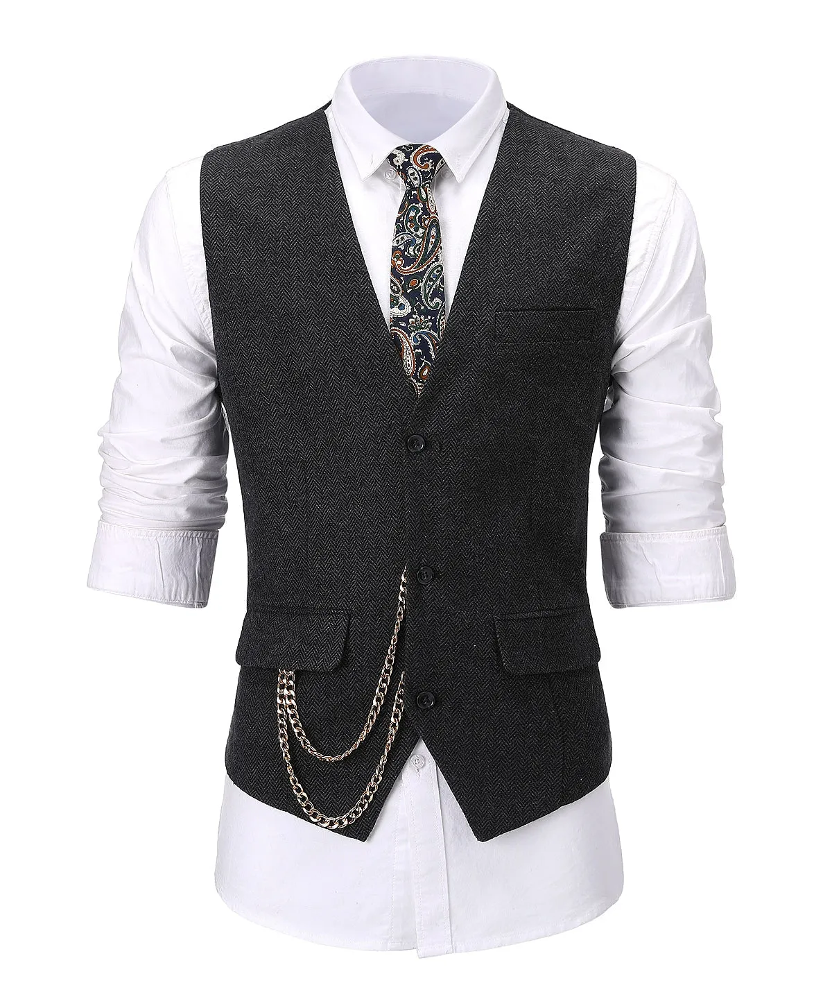 Formal Men's Suit Vest Herringbone V Neck Waistcoat