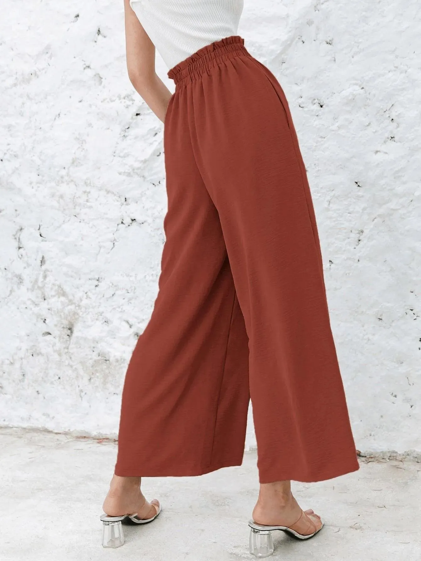 Frill Elastic Waist Wide Leg Pants Without Belt