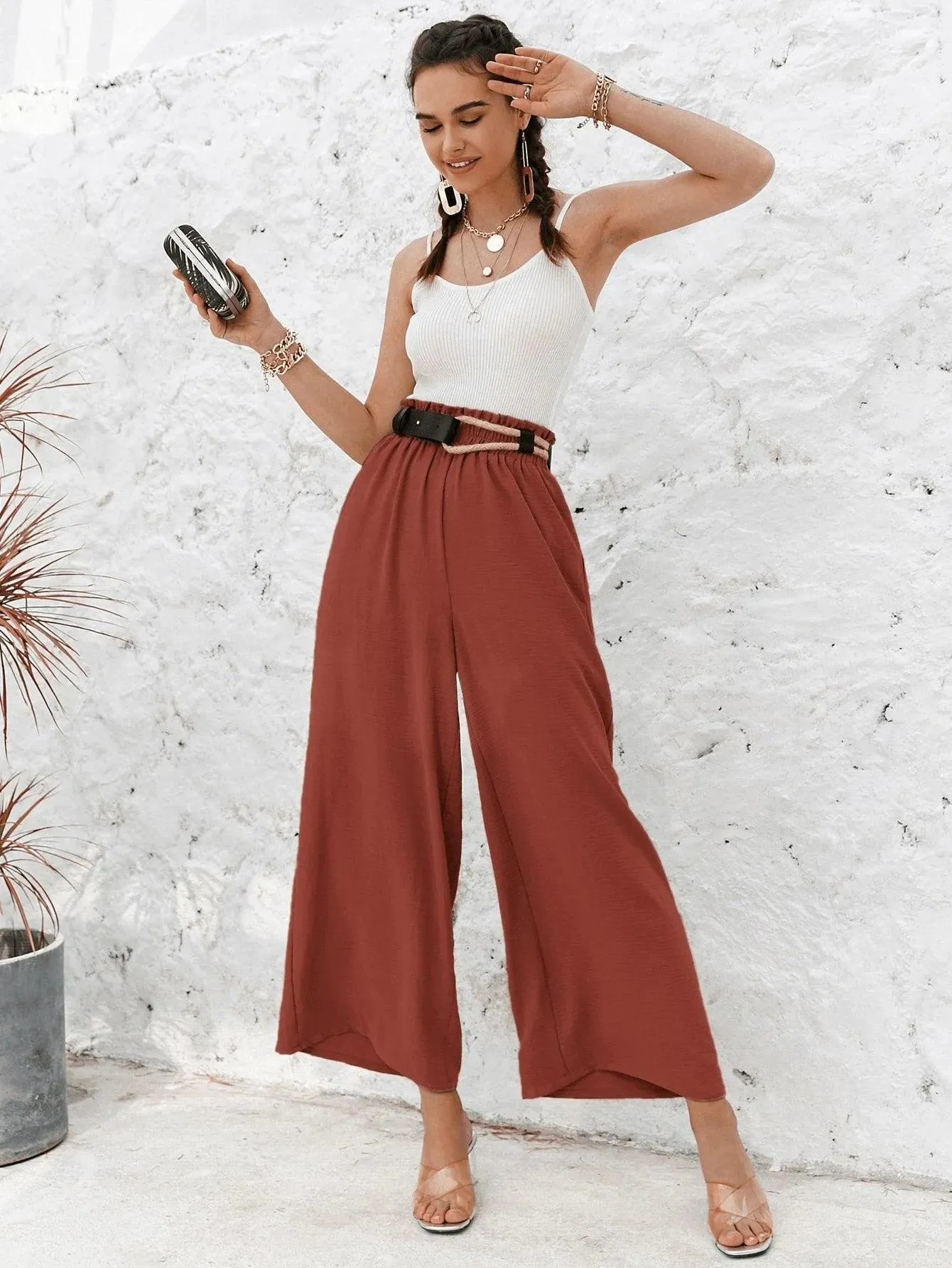 Frill Elastic Waist Wide Leg Pants Without Belt