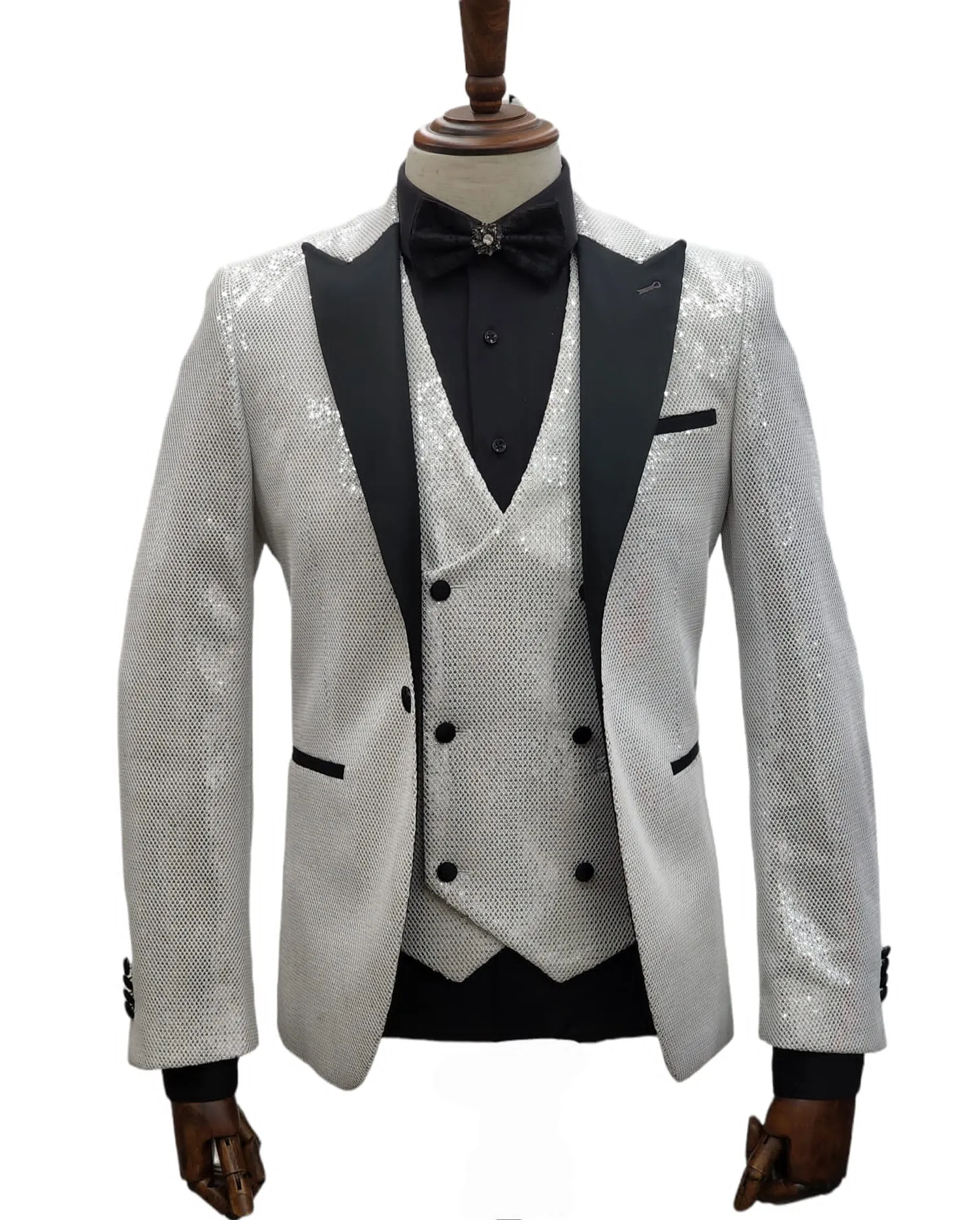 Giovanni Testi 1 Button Shiny Peak Lapel 3 Pc Slim Tuxedo GT1PA V-B236 WHITE