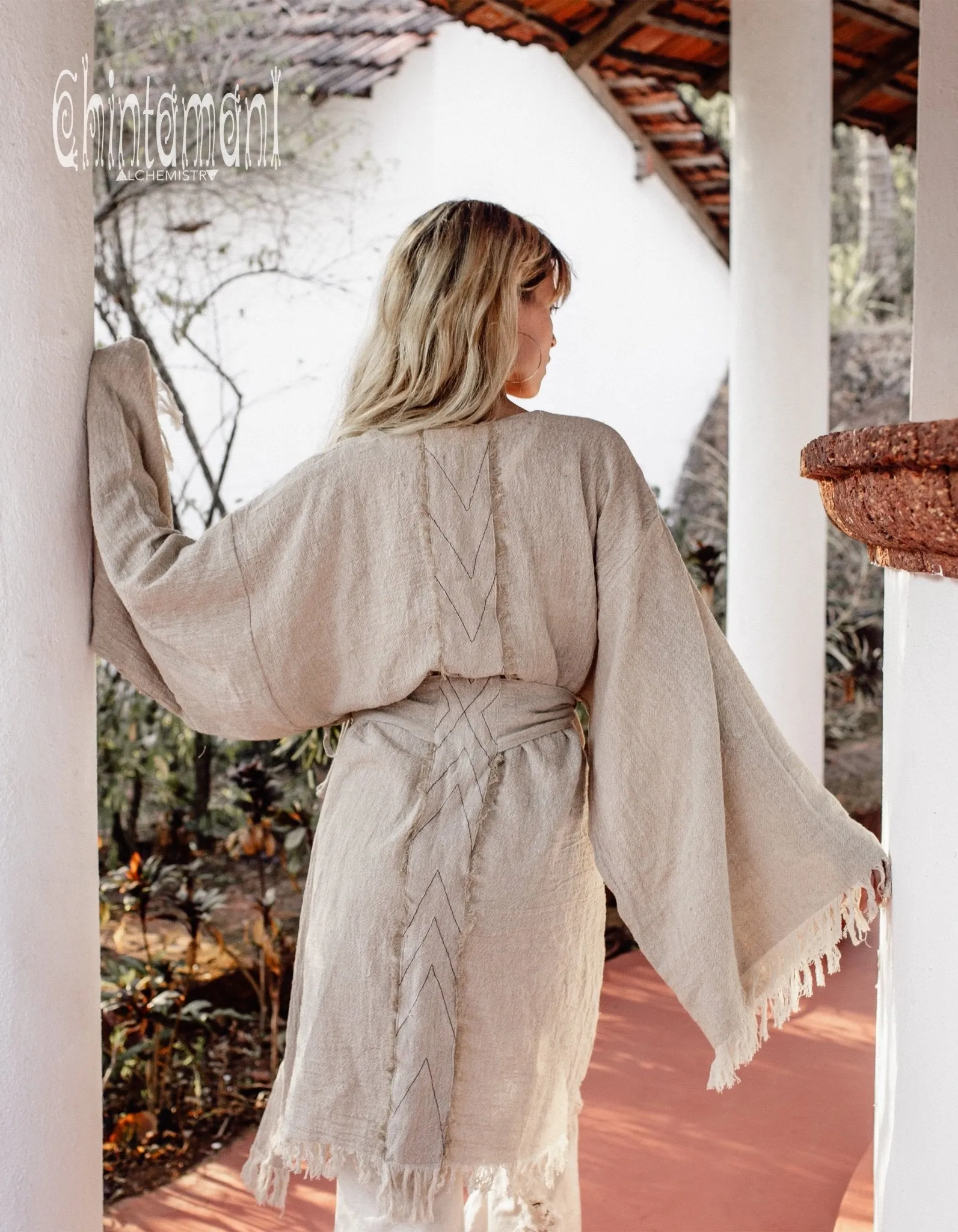 Gypsy Wide Sleeve Kimono of Raw Cotton / Boho Cardigan Robe / Beige