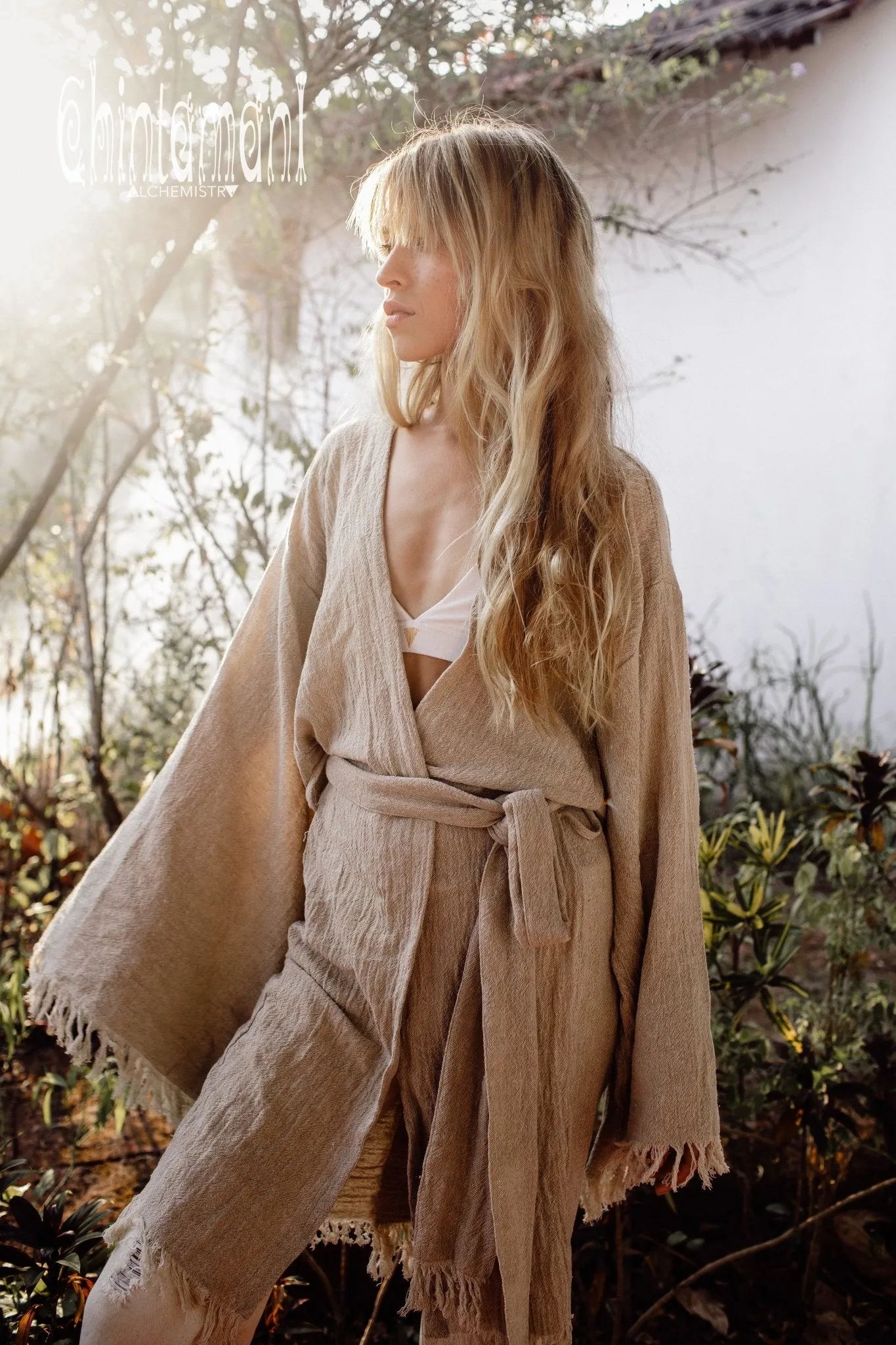 Gypsy Wide Sleeve Kimono of Raw Cotton / Boho Cardigan Robe / Beige