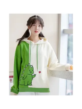 Harajuku Kawaii Hoodies Cartoon Dinosaur Print Casual Women Winter Warm Fleece Hooded Cotton Sweatshirt Teen Girls Cute Top