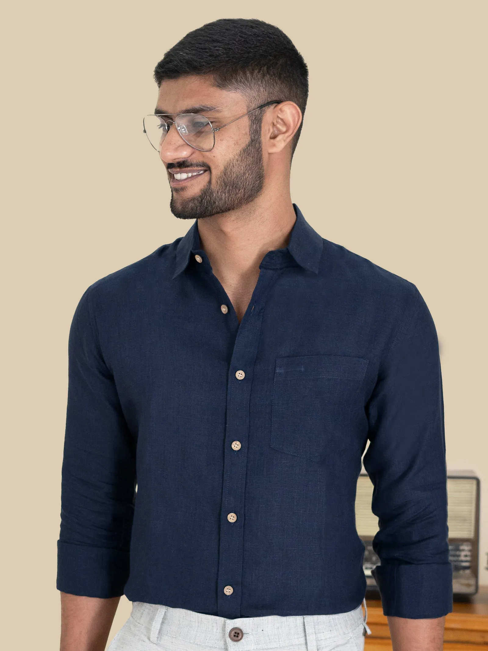 Harvey - Pure Linen Full Sleeve Shirt - Dark Blue