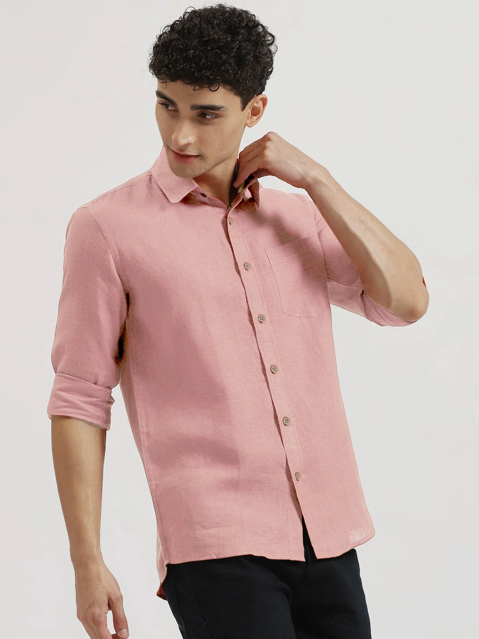 Harvey - Pure Linen Full Sleeve Shirt - Salmon Pink