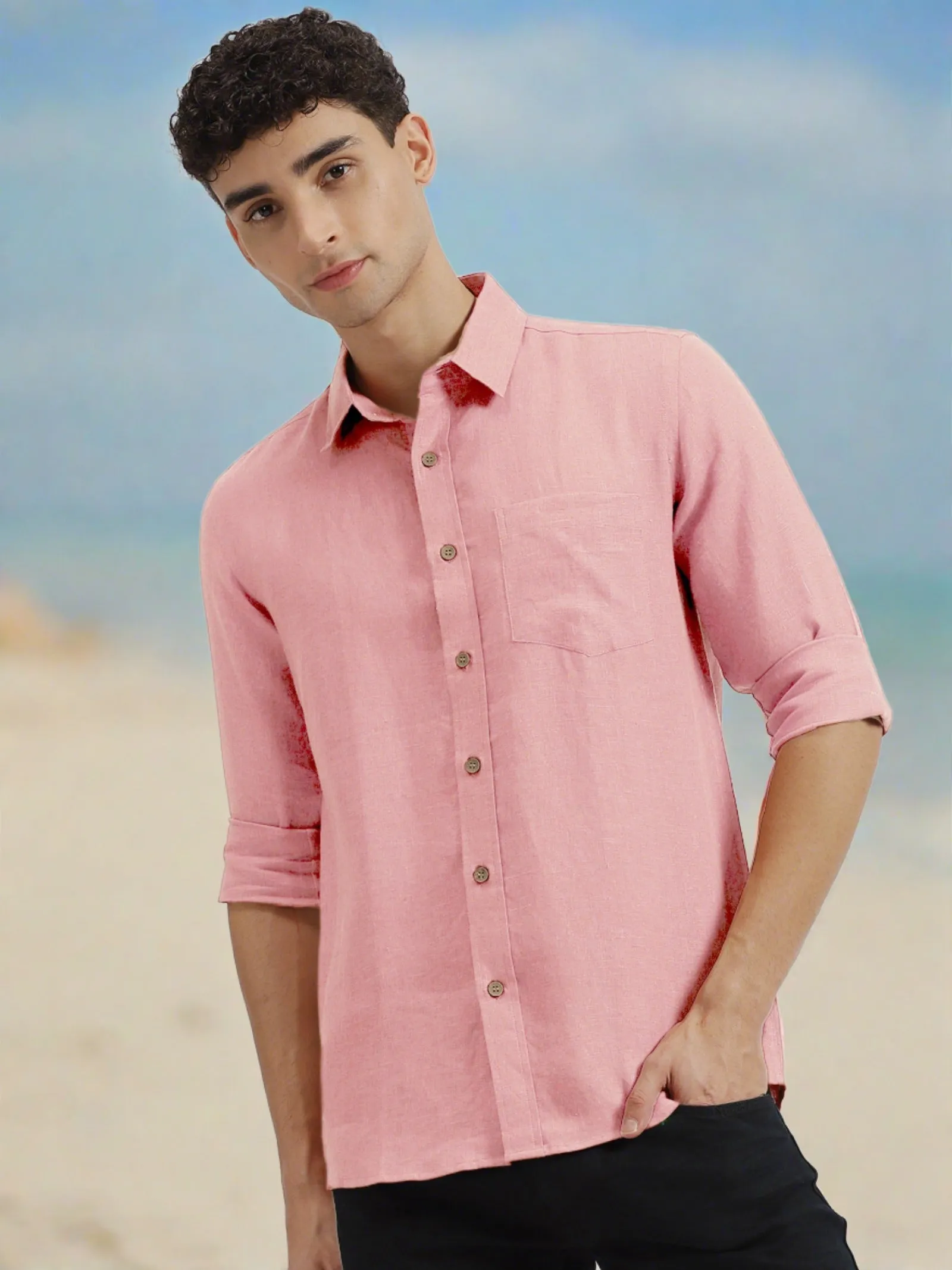 Harvey - Pure Linen Full Sleeve Shirt - Salmon Pink