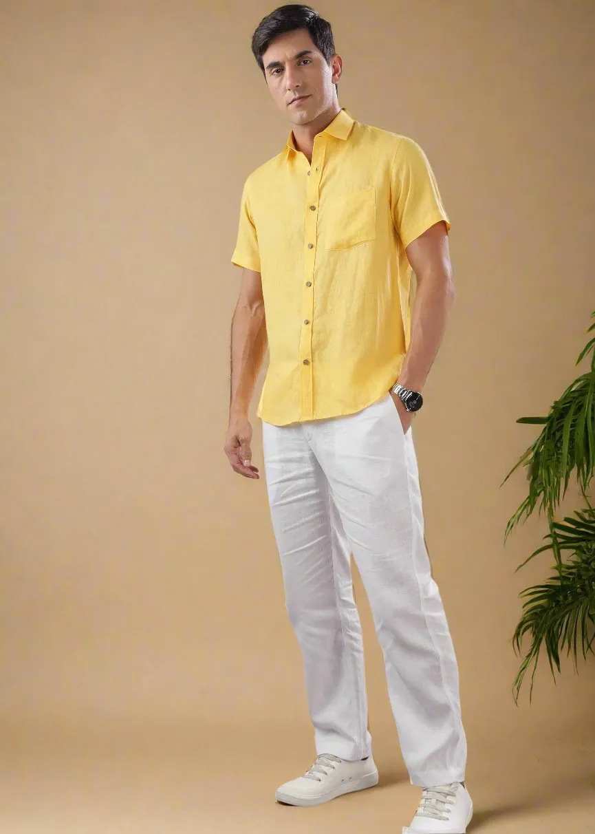 Harvey - Pure Linen Half Sleeve Shirt - Citrus Yellow