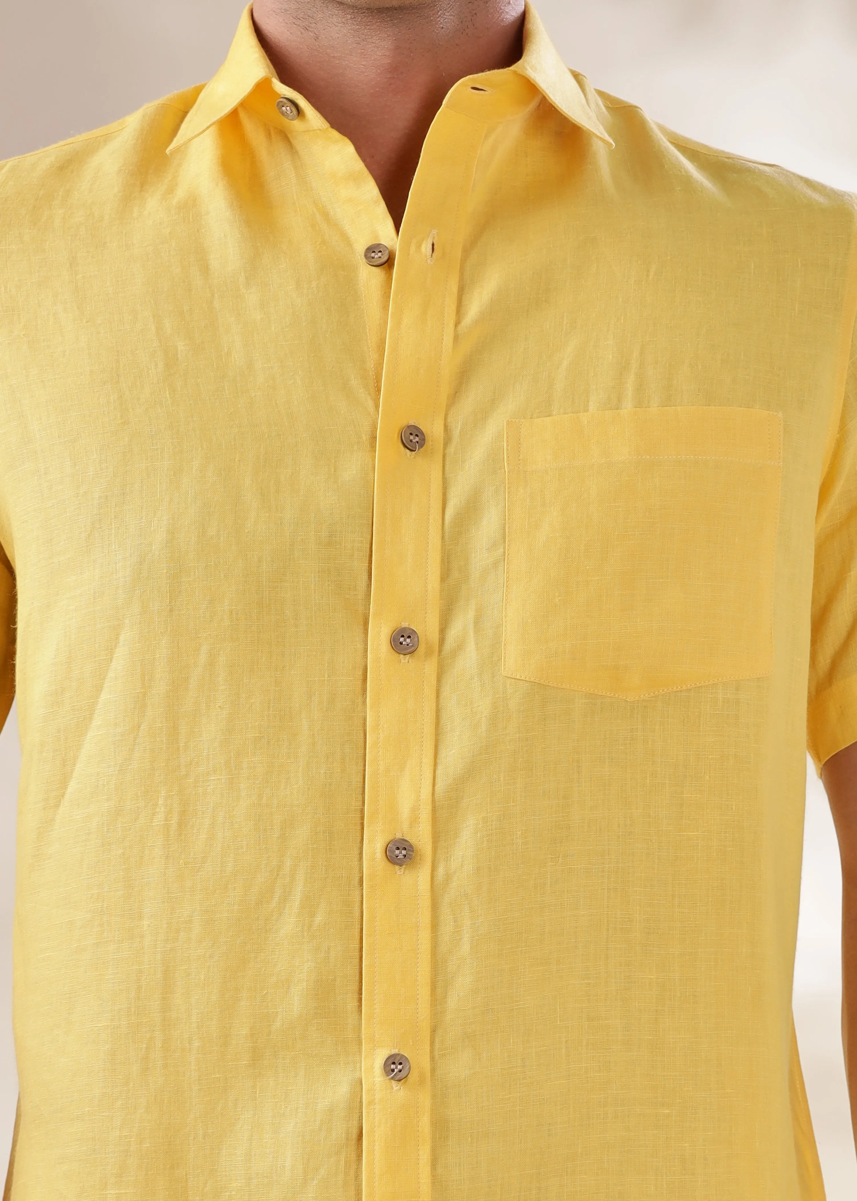 Harvey - Pure Linen Half Sleeve Shirt - Citrus Yellow