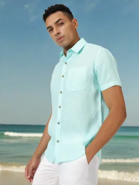 Harvey - Pure Linen Half Sleeve Shirt - Cyan Blue