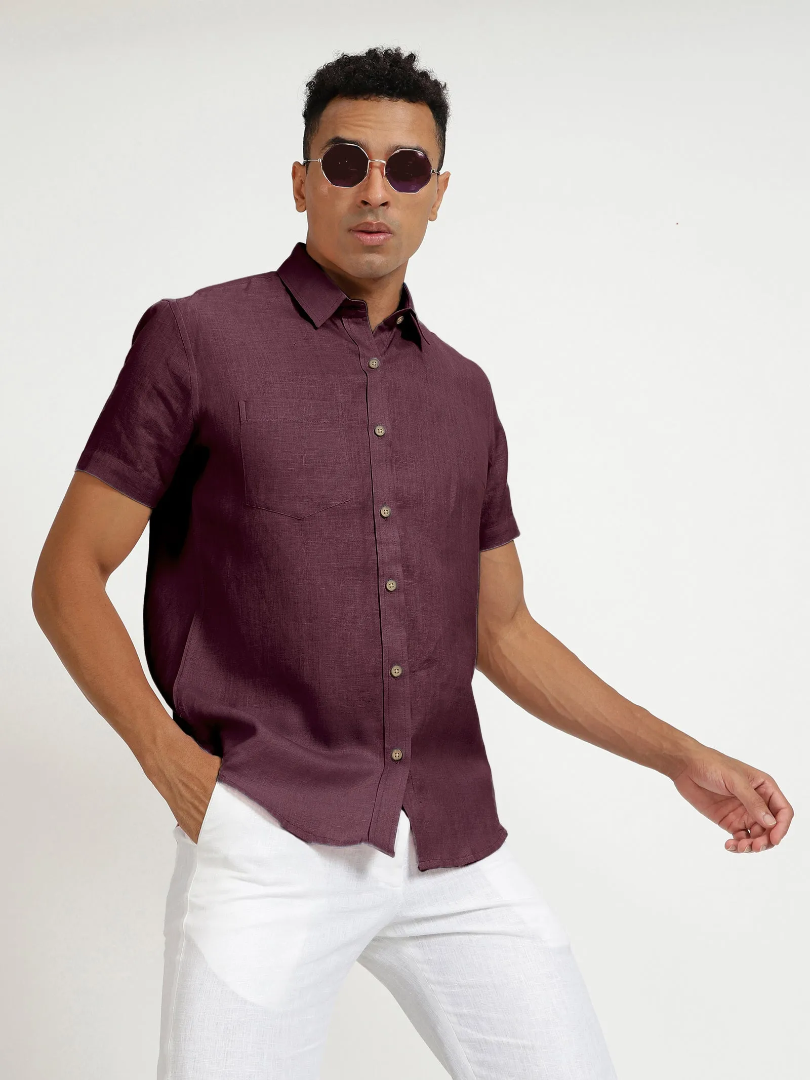 Harvey - Pure Linen Half Sleeve Shirt - Dark Purple