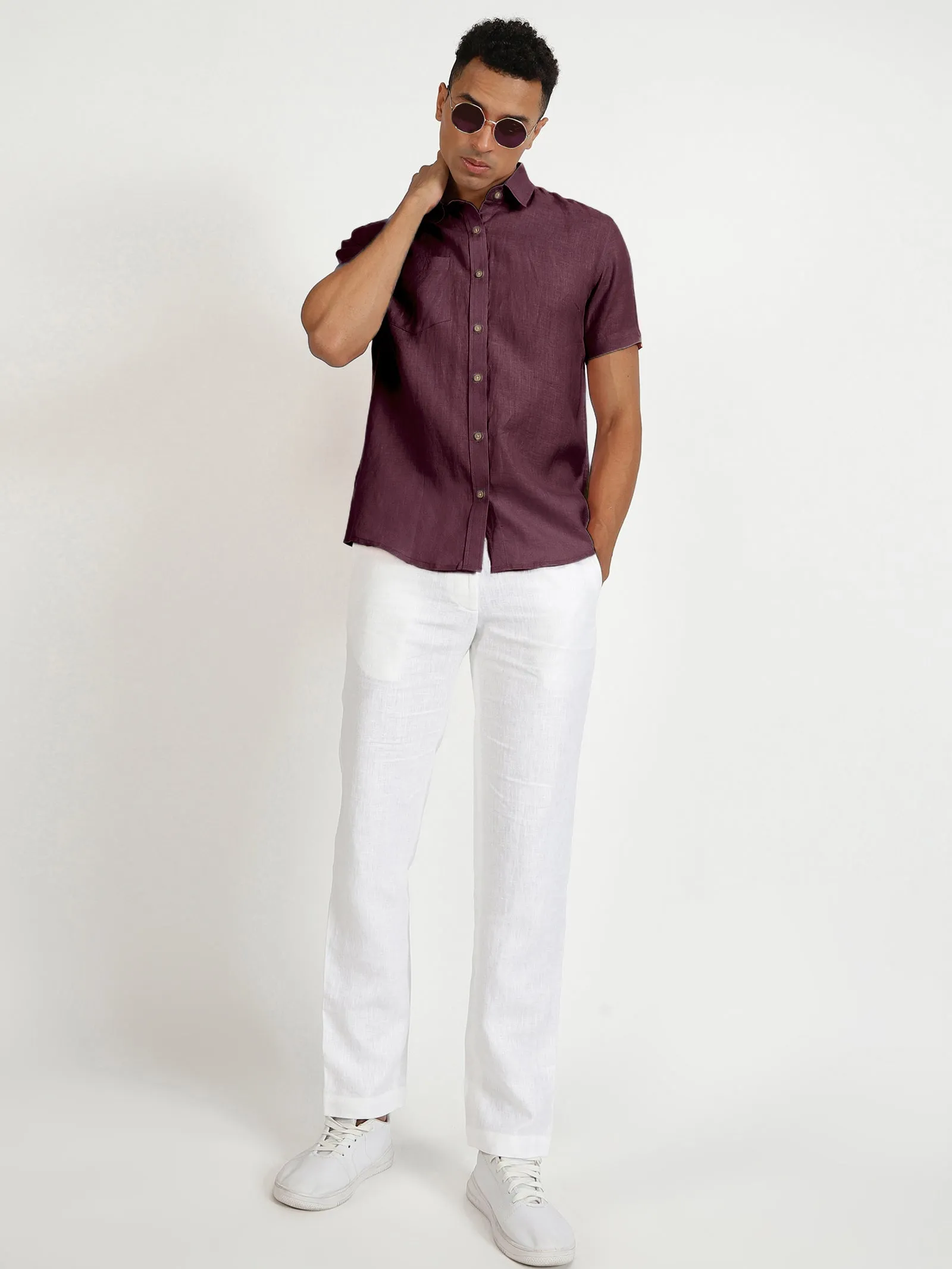 Harvey - Pure Linen Half Sleeve Shirt - Dark Purple