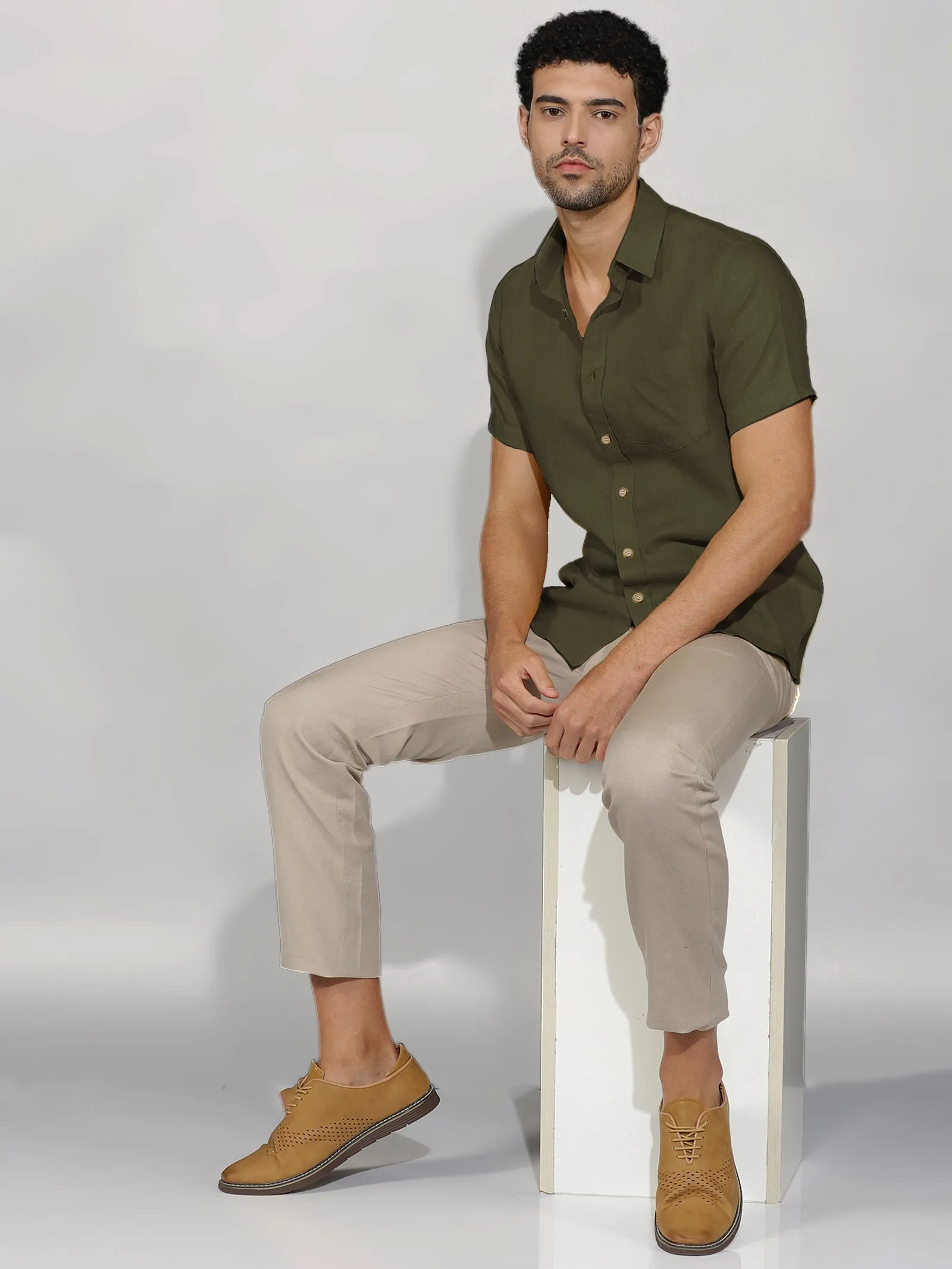 Harvey - Pure Linen Half Sleeve Shirt - Moss Green