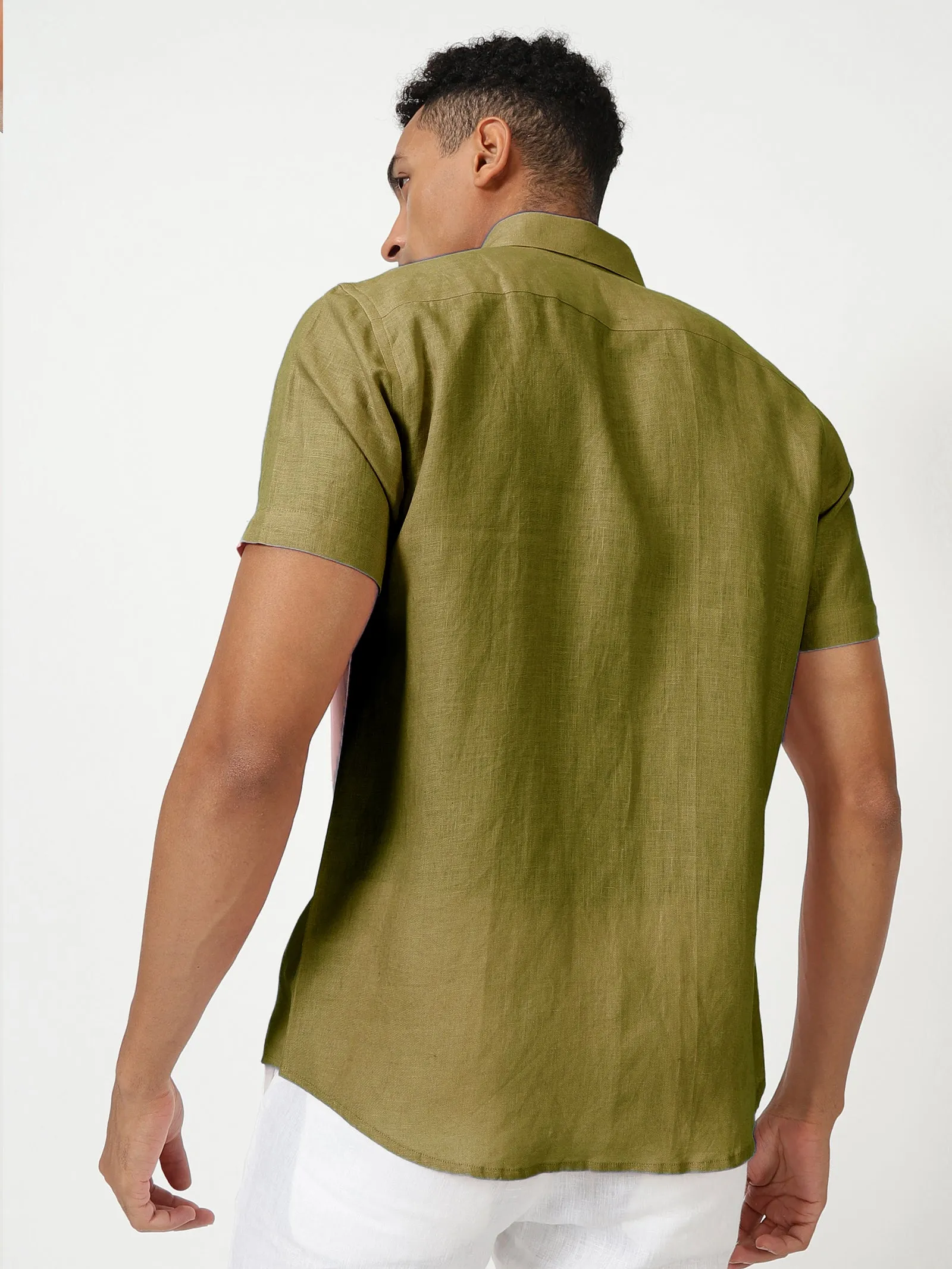 Harvey - Pure Linen Half Sleeve Shirt - Sap Green