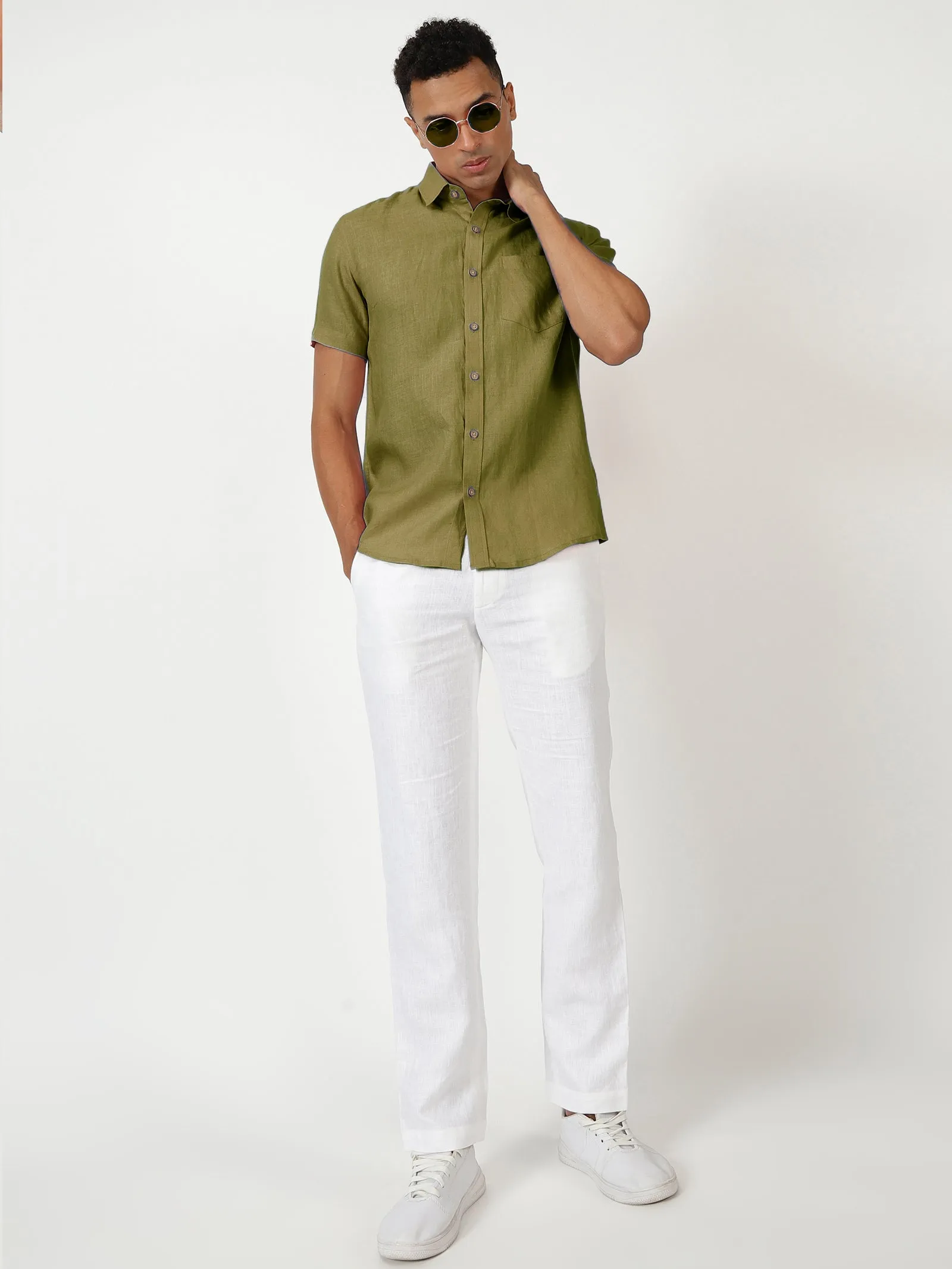 Harvey - Pure Linen Half Sleeve Shirt - Sap Green