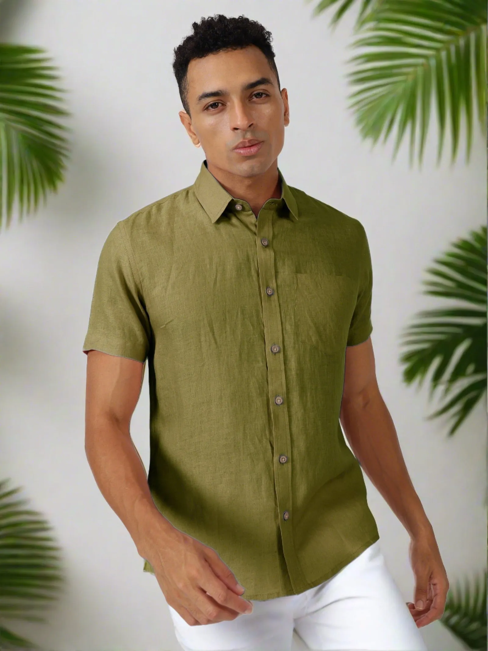 Harvey - Pure Linen Half Sleeve Shirt - Sap Green