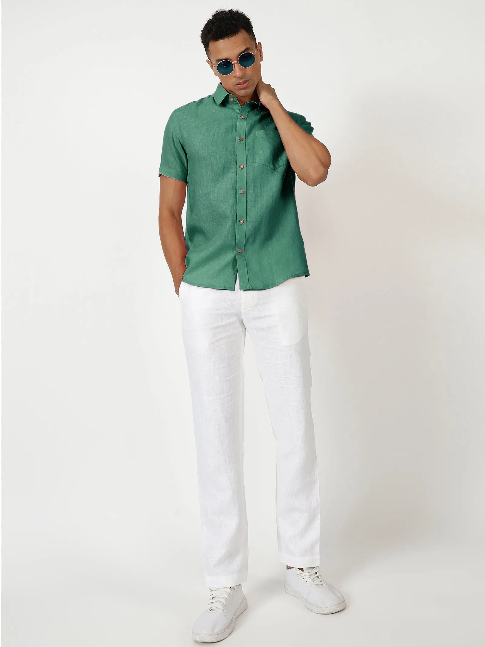 Harvey - Pure Linen Half Sleeve Shirt - Teal Green