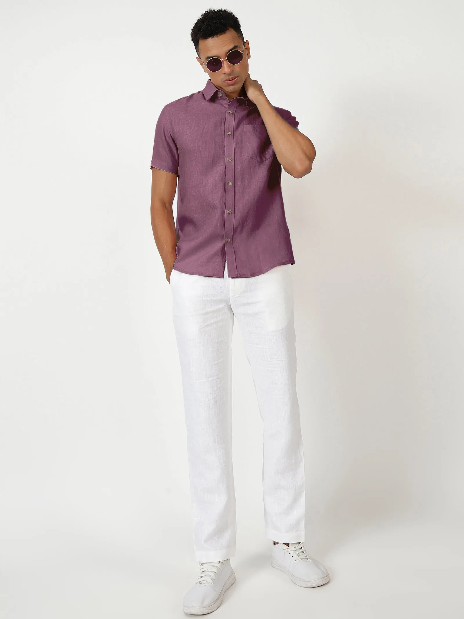 Harvey - Pure Linen Half Sleeve Shirt - Twilight Purple