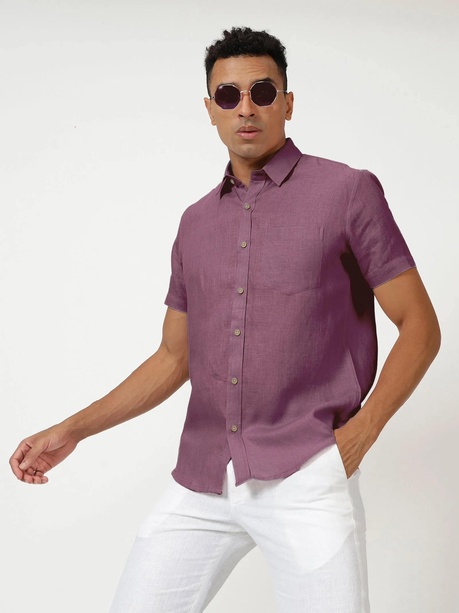 Harvey - Pure Linen Half Sleeve Shirt - Twilight Purple