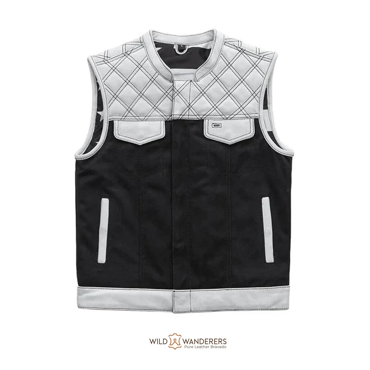 Hunt Club Biker White Leather Canvas Vest - Black