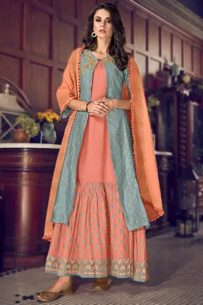 Jacket Style Dazzling Peach Embroidered Designer Suit