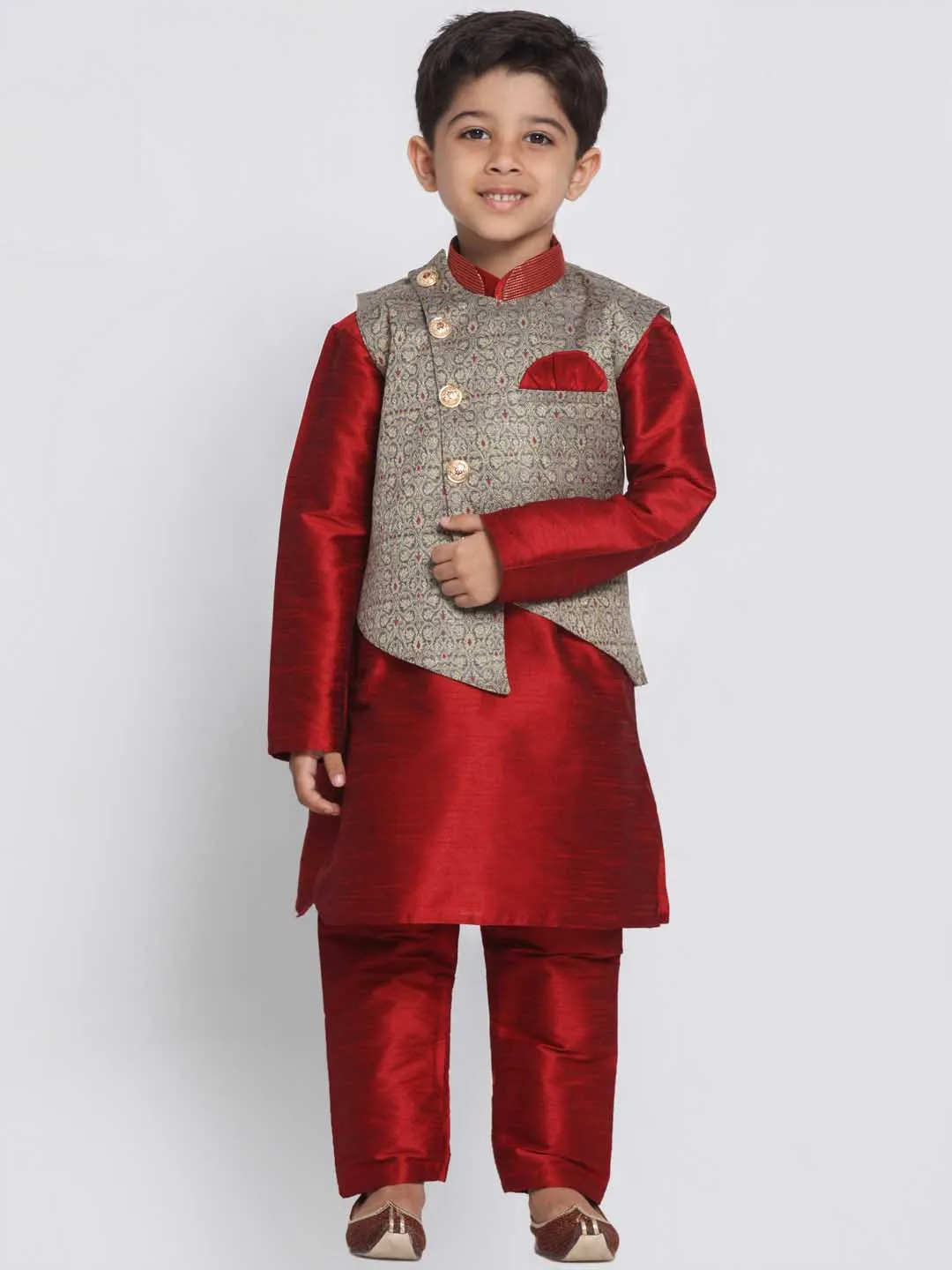 Jashvi Boys' Grey Cotton Silk Blend Nehru Jacket