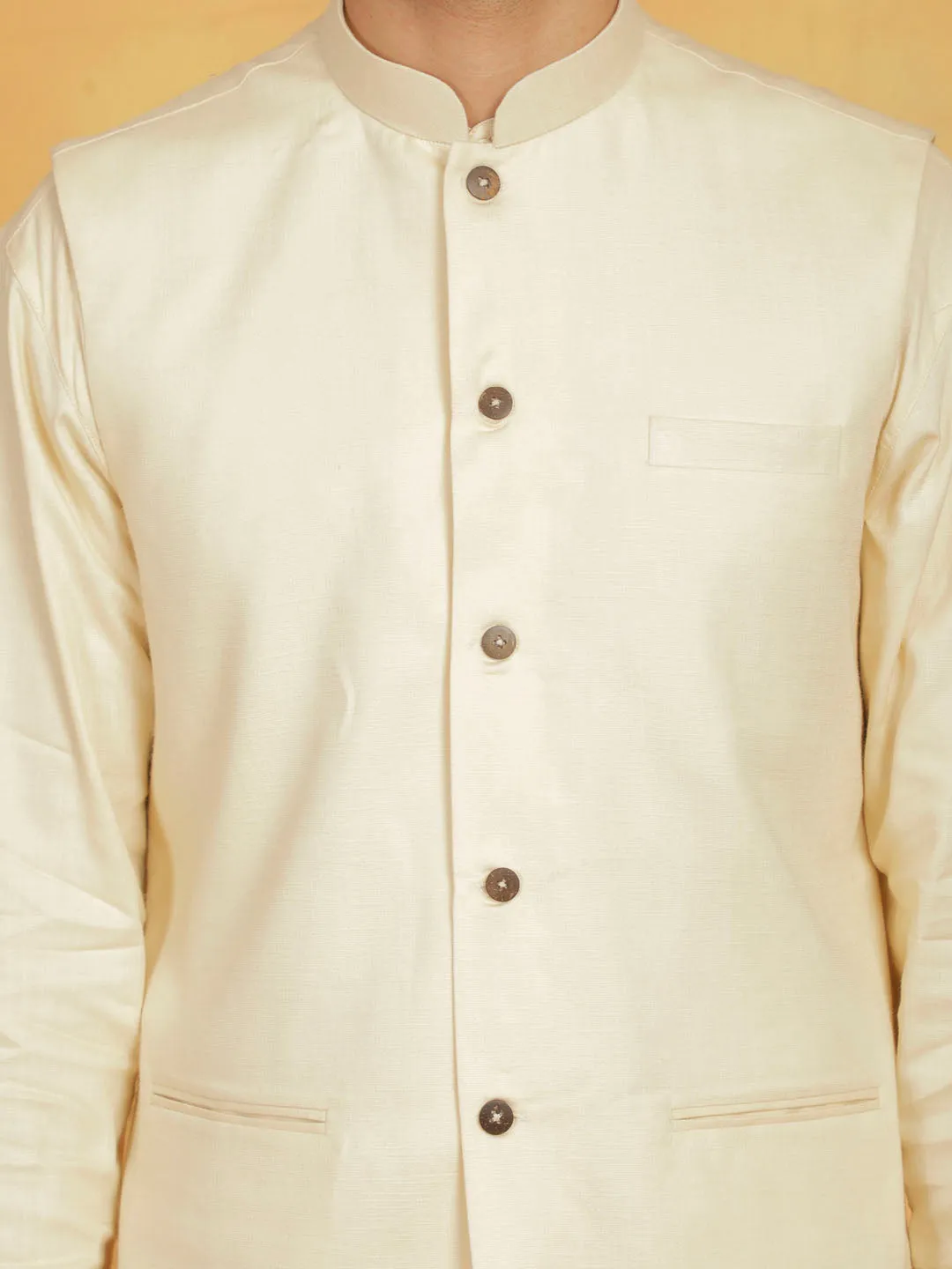 Jashvi Men's Cream Linen Cotton Jacket, Kurta and Pyjama Set