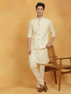 Jashvi Men's Cream Linen Cotton Jacket, Kurta and Pyjama Set