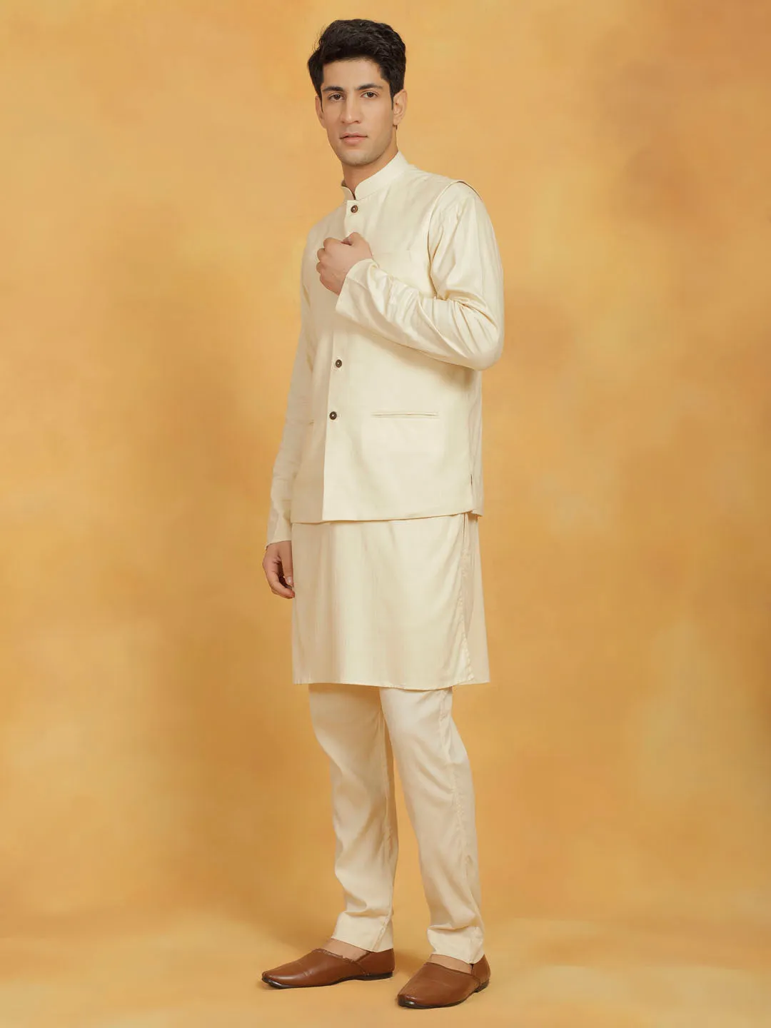 Jashvi Men's Cream Linen Cotton Jacket, Kurta and Pyjama Set