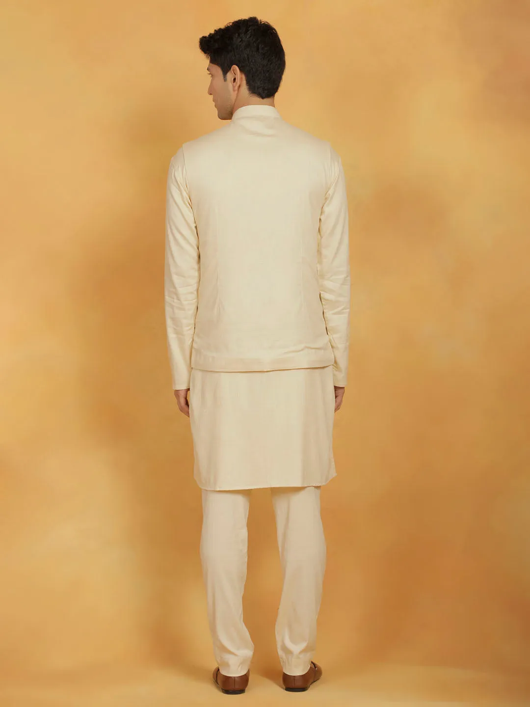 Jashvi Men's Cream Linen Cotton Jacket, Kurta and Pyjama Set