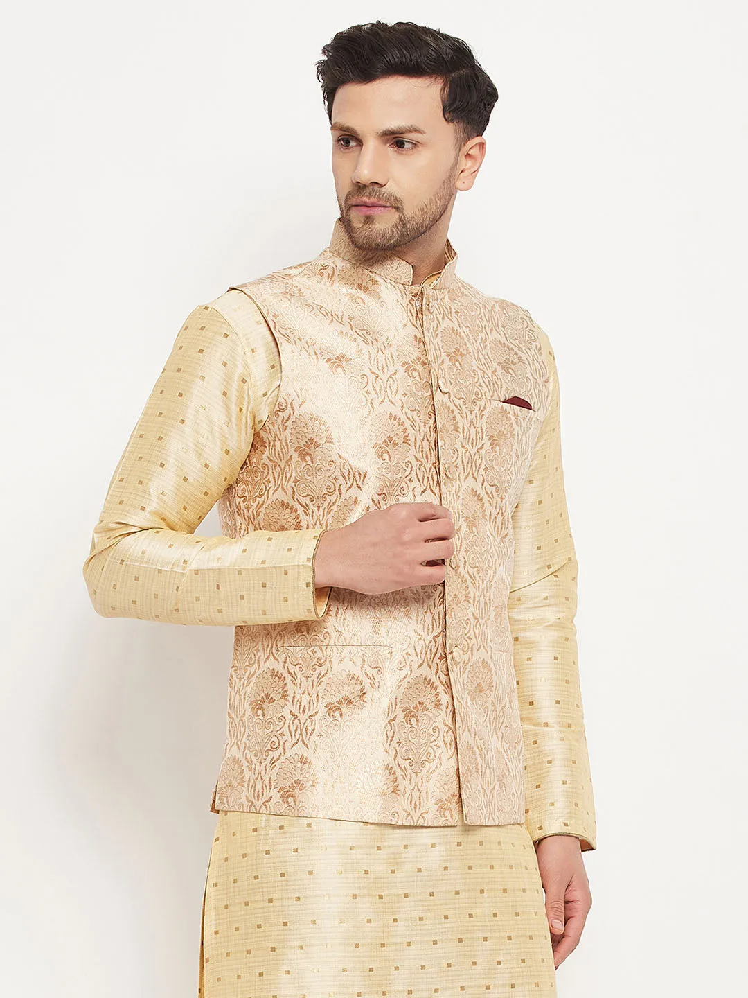 Jashvi Men's Rose Gold Jacquard Nehru Jacket